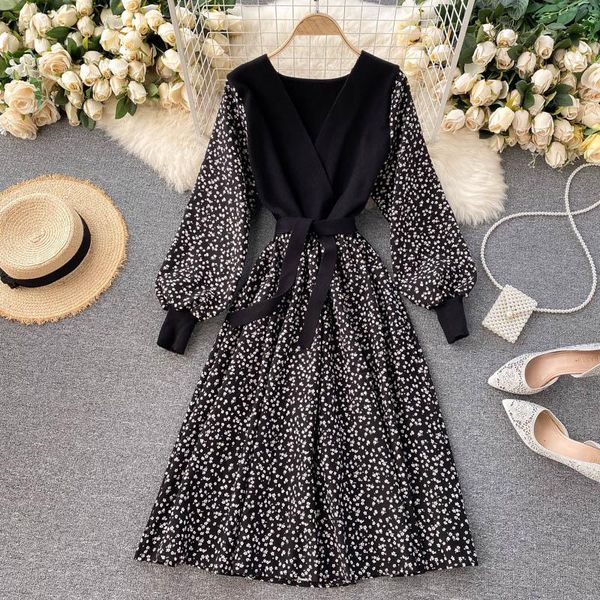 

casual dresses autumn vintage knitted patchwork long dress women elegant v-neck lantern sleeve vestidos female high waist robe 2021, Black;gray
