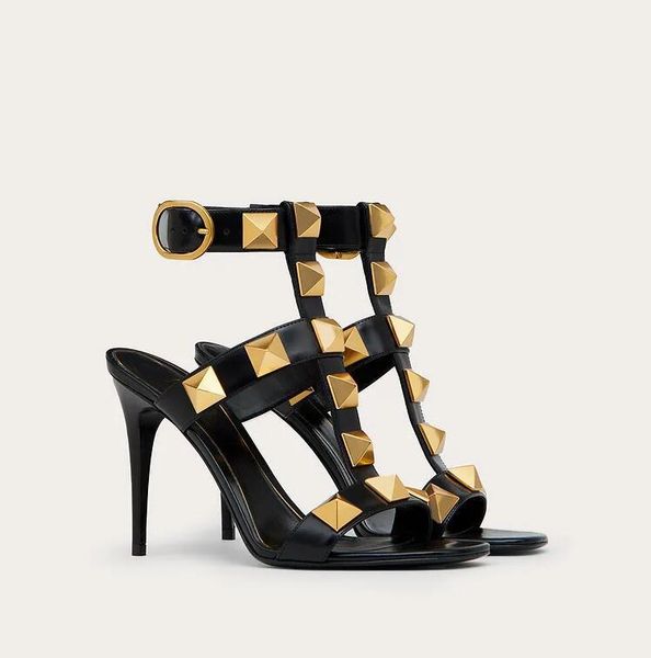 

valentinosummer brands women roman stud sandals shoes lady rock studs high heels perfect nice gladiator sandalias walking eu3 asl, Black