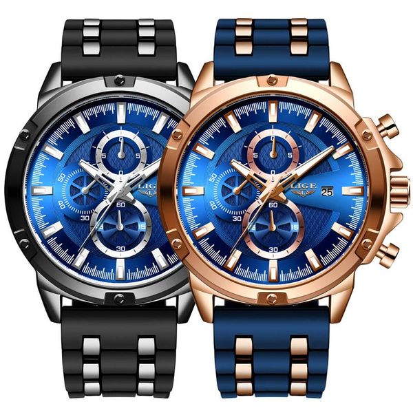 

wristwatches lige mens watches military sport wristwatch silicone strap waterproof quartz watch for men relogio masculino, Slivery;brown