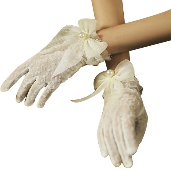 

five fingers gloves women mesh ruffles lace with bowknot pearl ornament female elegant full finger wedding dinner cosplay party props, Blue;gray