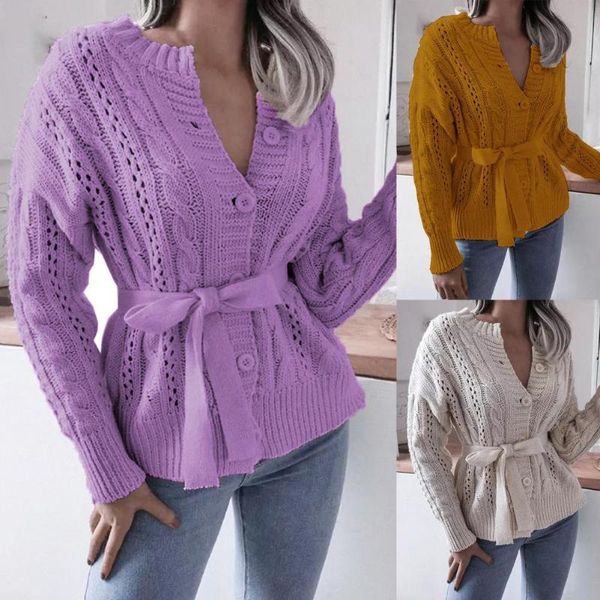 

women's knits & tees o-neck long sleeve knitted autumn winter twisted criss-cross belt cardigan sweater outerwear women, White