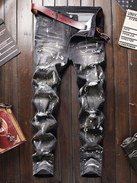 

men splash ink ripped jeans without belt m0x1#, Blue