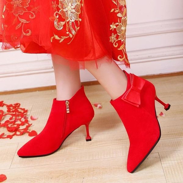 

boots ladies short high heels red wedding shoes woman women, Black