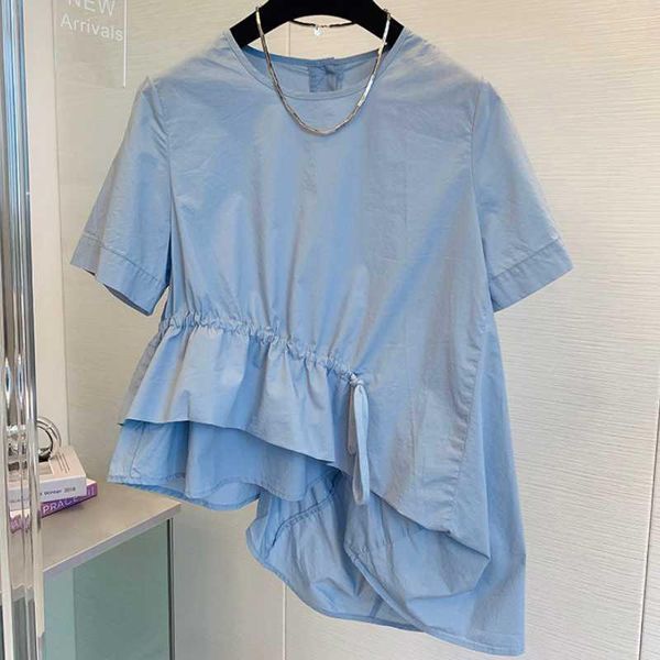 

women's blouses & shirts [ewq] korea chic casual trend women solid o neck irregular ruffled loose fashion short-sleeved shirt summer 20, White