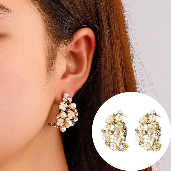 

stud classic pearl flower earrings unique and unusual c-shaped jewelry elegant lady's girl party accessories 21804, Golden;silver