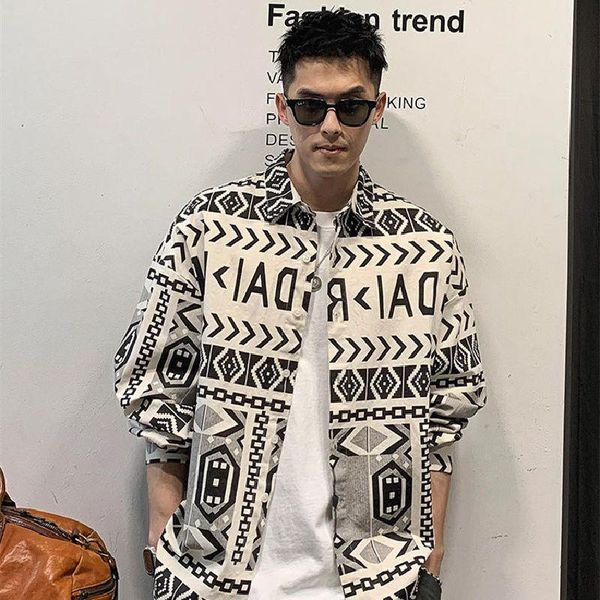 

men's jackets long sleeved shirt summer 2021 fashion brand american casual high sense geometric over print versatile coat, Black;brown