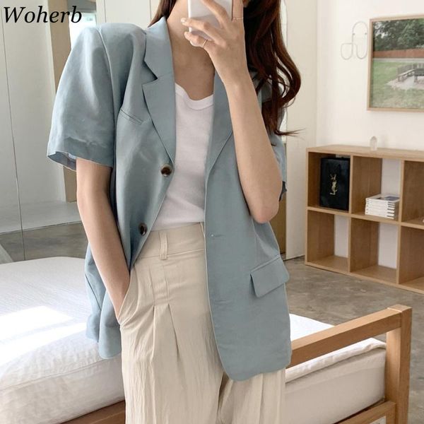 

women's suits & blazers woherb elegant women solid v-neck single breasted loose thin coats summer short sleeve office lady jacket femme, White;black