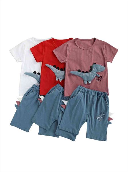 

summer kids boys tracksuits dinosaur print short sleeves t shirt elastic waist shorts clothes set, White
