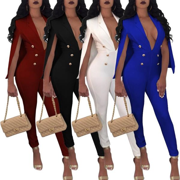

women's jumpsuits & rompers spring autumn fashion women party casual deep v solid high waisted slim cloak, Black;white