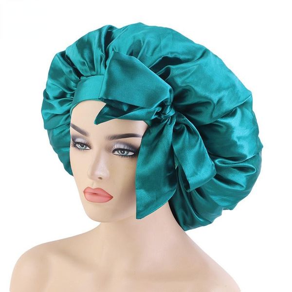 

beanie/skull caps women night sleep cap solid color satin bonnet large size adjustable wide band elastic head wrap hair bow sleeping hat, Blue;gray