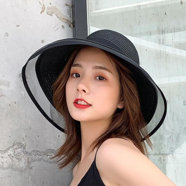 

wide brim hats 2021 fashion straw hat spring and summer leisure travel woven female outdoor sunshade sunscreen big eaves mesh, Blue;gray