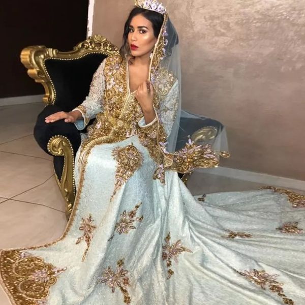 Kanftan frisado marroquino vestidos de noite plus size ouro rendas apliques mangas compridas formal baile de formatura vestidos de festa robe de soiree