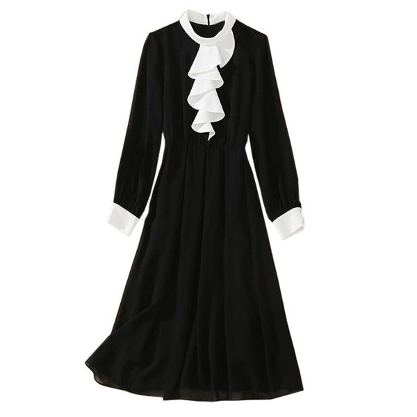 

casual dresses french fashion style women elegant black and white dress stand collar cascaded ruffle belted long sleeved midi office, Black;gray