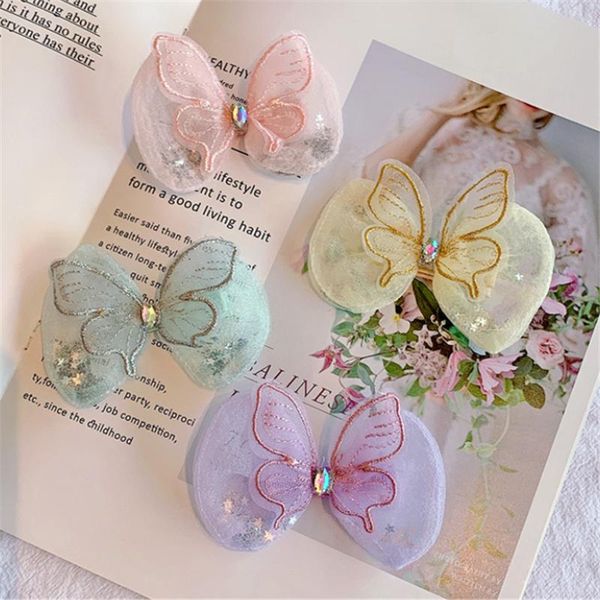 

8pcs/lot handmade girls hair bows clip embroidery butterfly yarn barrette hairpins spring summer party accessories, Slivery;white