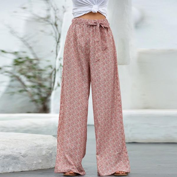

women's pants & capris ladies summer floral print wide leg belt trousers holiday beach casual loose clothing vintage streetwear, Black;white