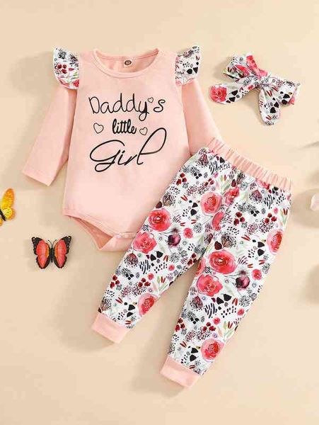 

baby slogan & floral print ruffle trim bodysuit & sweatpants & headband she, White