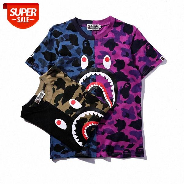 

japanese tide brand shark head splicing men and women couples summer camouflage short-sleeved t-shirt #fo4m, White;black