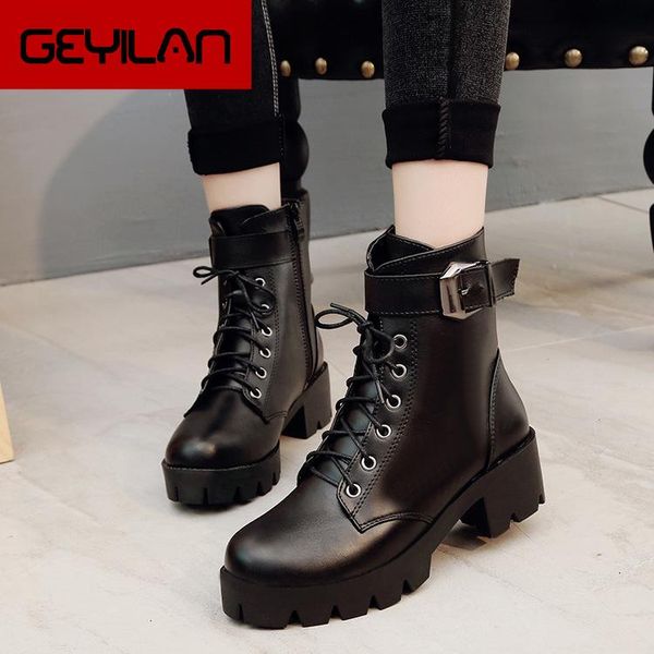 

boots fashion leather woman shoes winter warm lace-up ankle for waterproof platform rtg5, Black
