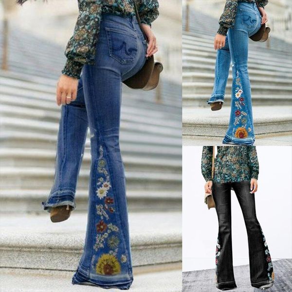 

fashion high waist flare womens capris jeans office long bell bottom denim printed wide leg trousers, Black;white