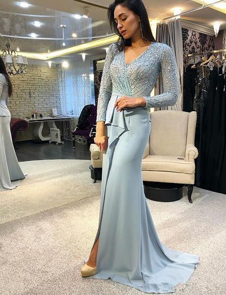 

2021 side split mermaid evening dresses v neck long sleeves sweep train beaded prom party dresses formal gowns vestido de noche, Black;red