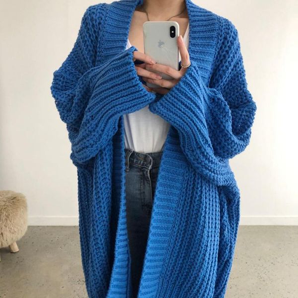 

women's knits & tees 2021 autumn korean fashion retro wild solid loose casual long thick needle split irregular knit sweater jacket wom, White