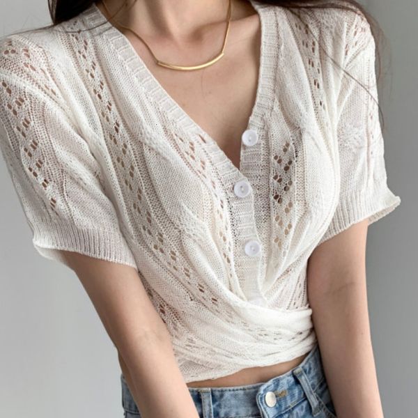 

women's knits & tees vetement femme 2021 summer casual hollow out cardigan women elegant v neck slim knit crop blouses short s, White
