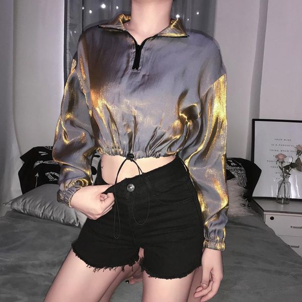 

women's hoodies & sweatshirts autumn and winter short high collar zipper long sleeve solid color simple fashion personality wild umbili, Black