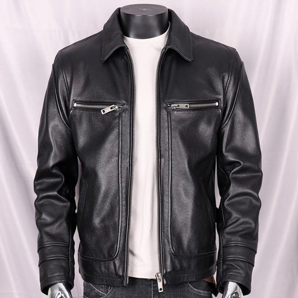 

men's leather & faux black 2021 smart casual style genuine jacket men plus size 4xl real natural cowhide autumn slim fit russian coat
