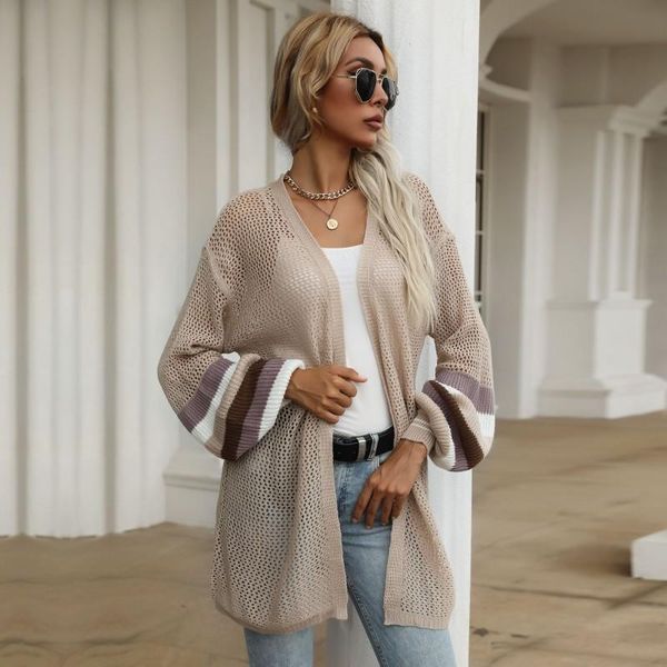 

women's knits & tees donsignet fashion sweater casual v-neck cardigan mid-length color matching loose openwork knitted, White
