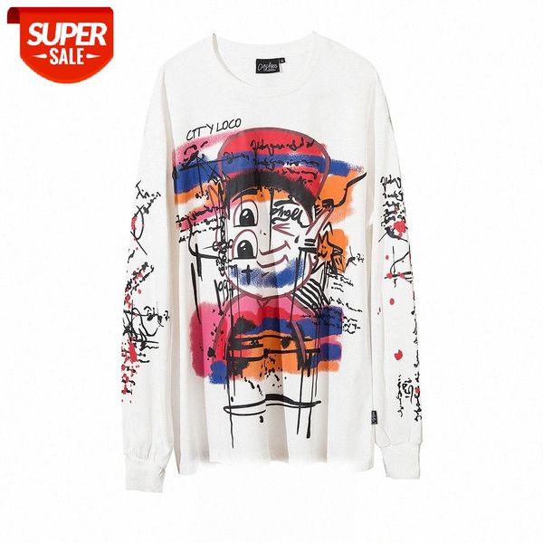 

street flow inkjet graffiti printing long-sleeved t-shirt men's creative fun loose round neck bottoming #fx0r, White;black
