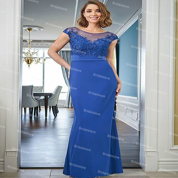 Abito per la madre della sposa a sirena lungo blu royal con pizzo al pavimento Abiti da sera vintage in raso 2021 Robe De Soir￩e Abiti da festa per la festa nuziale della mamma dello sposo