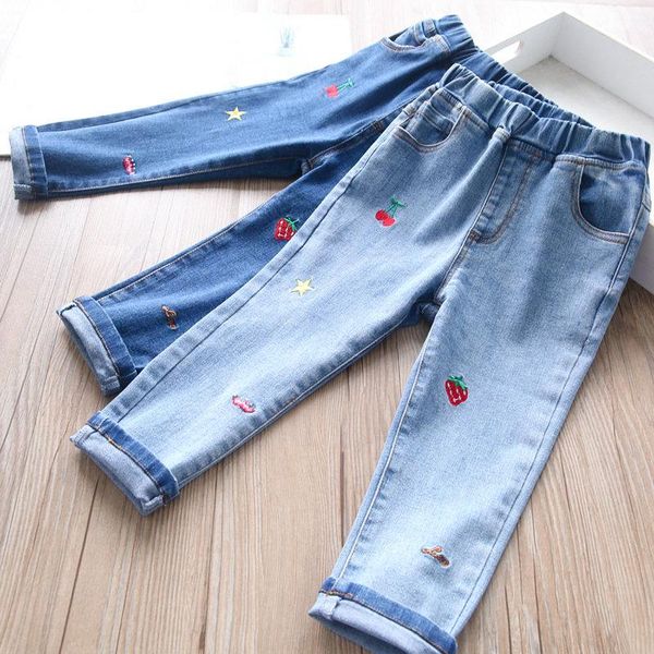 

trousers 2021autumn baby girls fruit embroidery denim pants wholesale, Blue
