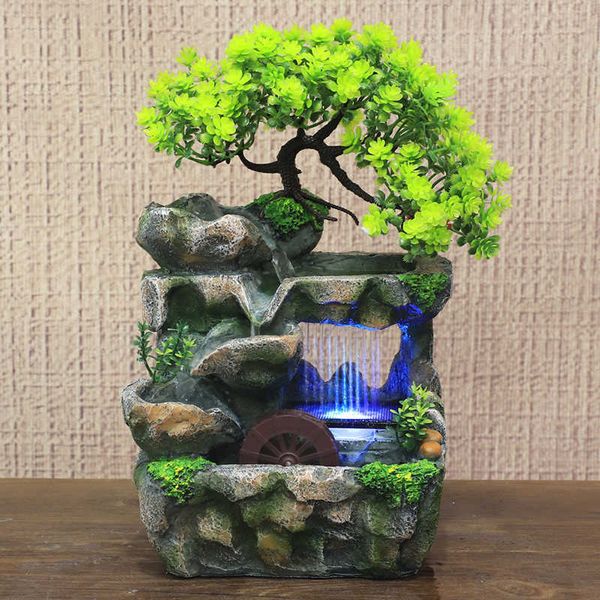 Criativo feng shui fluindo fonte de água desktoin resina rockery paisagem cachoeira artesanato com 7 cores led alteração 210804