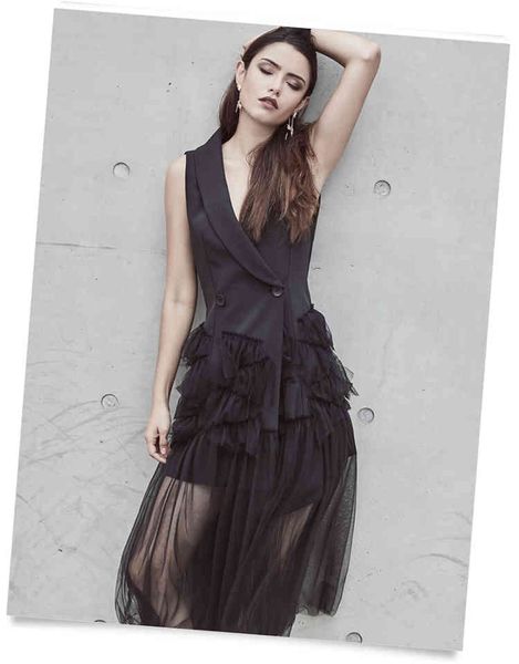 

spring summer runway suits for women elegant office lady double breasted suit jacket blazer splice mesh tulle dress, White;black