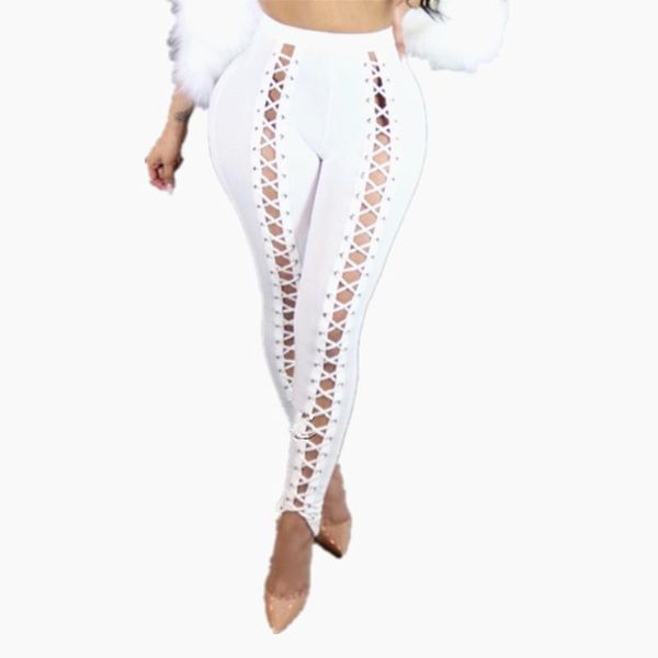 

women's pants & capris front lace up pencil 2021 spring autumn high waist hollow out stretch bandage slim party women trousers, Black;white