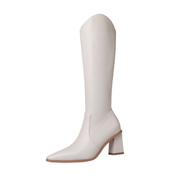 

women long boots shoes pointed toe zipper thick high heels solid daily fashion winter female footwear size 34-39, Black