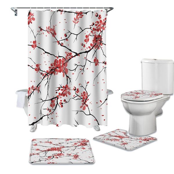 

shower curtains ink plum art chinese winter red flower curtain sets rugs toilet lid cover and bath mat waterproof bathroom