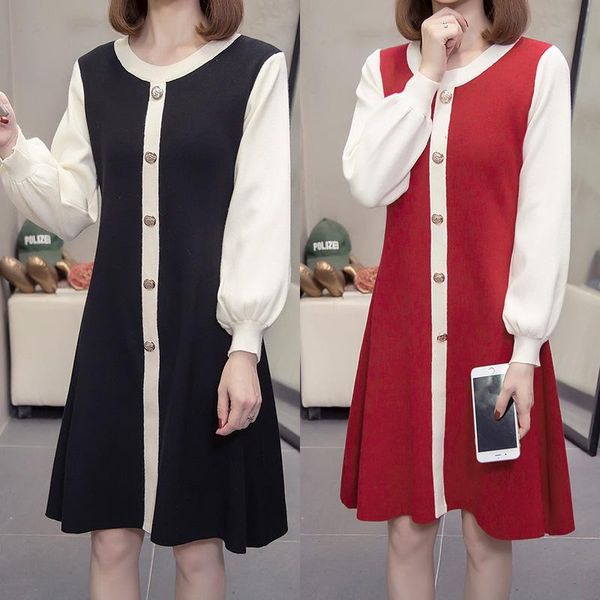 

casual dresses 2021 autumn plus size round neck color matching knitted long-sleeved sweater slim dress single breasted female fashion, Black;gray