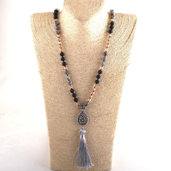 

pendant necklaces md fashion bohemian tribal jewelry mix color crystal stone long knotted metal links tassel for women, Silver