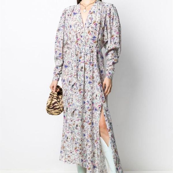 

dress women's retro midi dresses color matching abstract geometric printed sleeve pleated v-neck split female long dress, Black;gray