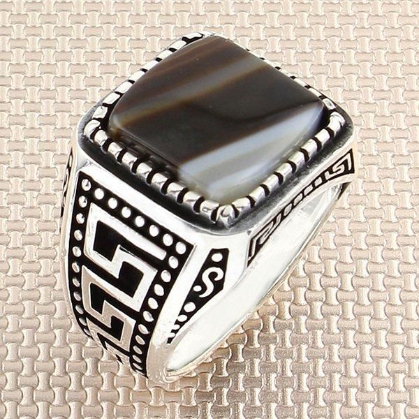 

square brown agate stone men silver ring with symmetrical motif made in turkey solid 925 sterling cluster rings, Golden;silver