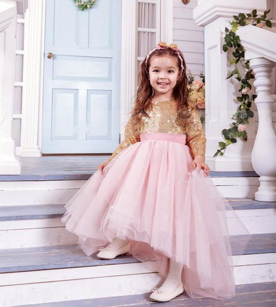

girl's dresses high low sparkling flower girl dress gold sequin pink tulle children long sleeve birthday party gowns, Red;yellow