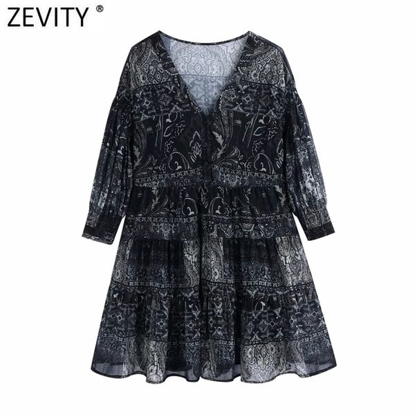

women vintage v neck cascaring ruffle totem floral print chiffon dress female patchwork retro vestido chic dresses ds5074 210416, Black;gray