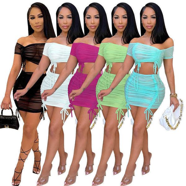 

2022 summer women tow pieces dresses t-shirt skirt suits fashion casual women's off shoulder pleated drawstring outfits clubwear s-xxl, White