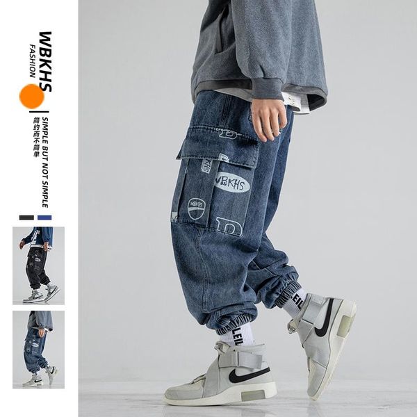 

men's pants 2021 autumn and winter men fashion cargo denim trousers printed casual jeans, Black