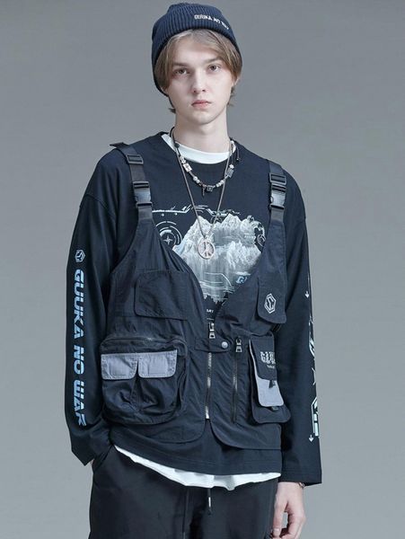 

men letter graphic flap pocket vest jacket m04l#, Black;brown