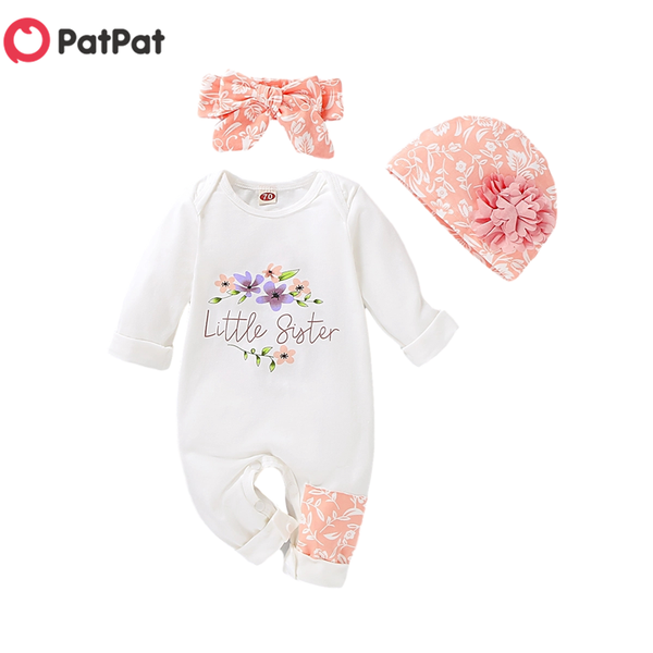 

patpat 2021 spring and autumn 3-piece baby girl little sister letter print long-sleeve jumpsuit , headband, hat set clothes jumpsuits, Blue