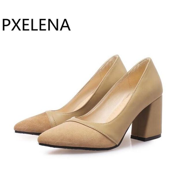 

dress shoes pxelena classic women pumps slip on pointed toe chunky block square high heel office ladies flock spring 2021 plus size, Black