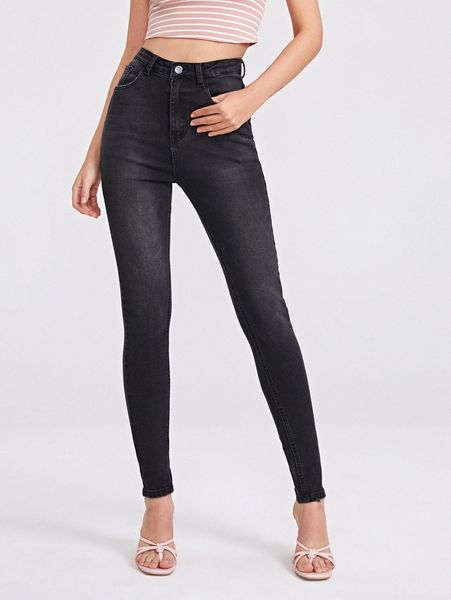 

zipper fly high waist skinny jeans 34wl#, Blue