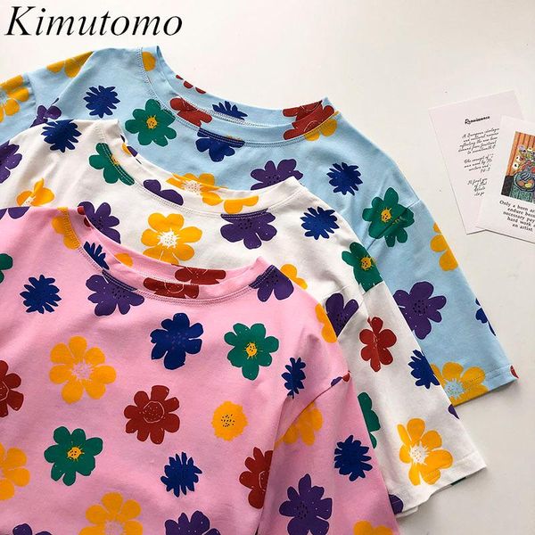 

kimutomo floral print t-shirt women 2021 summer korean ins style female o neck short sleeve outwear casual fashion women's, White